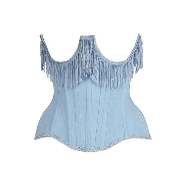 Top Drawer Steel Boned Light Blue Denim Underwire Underbust Corset Cincher w/Fringe