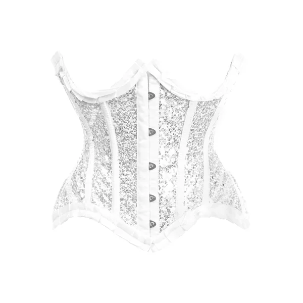 Top Drawer White/Silver Satin & Sequin Underwire Curvy Cut Steel Boned Waist Cincher Corset