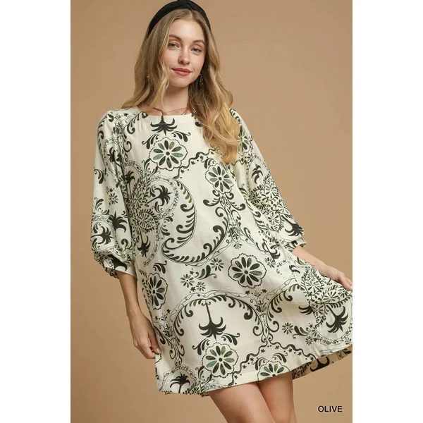 Umgee Boho Printed Balloon Sleeve Mini Dress