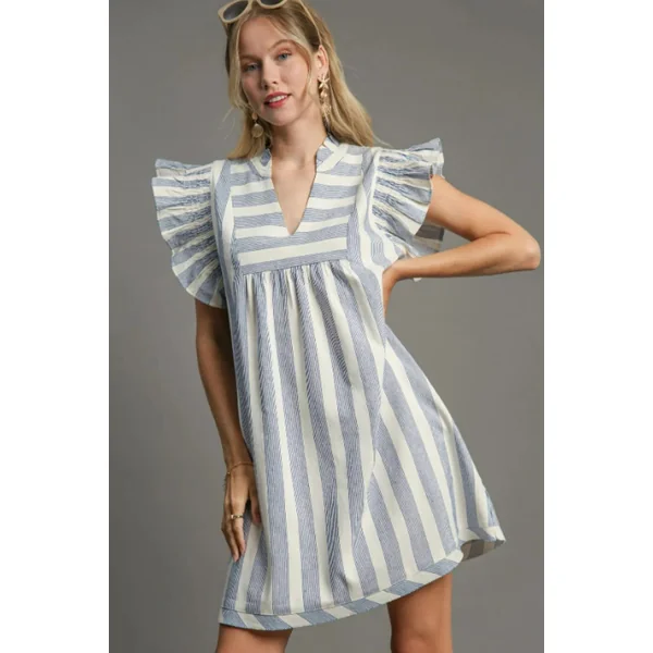 Umgee Full Size Striped Notched Ruffled Cap Sleeve Mini Dress Plus Size