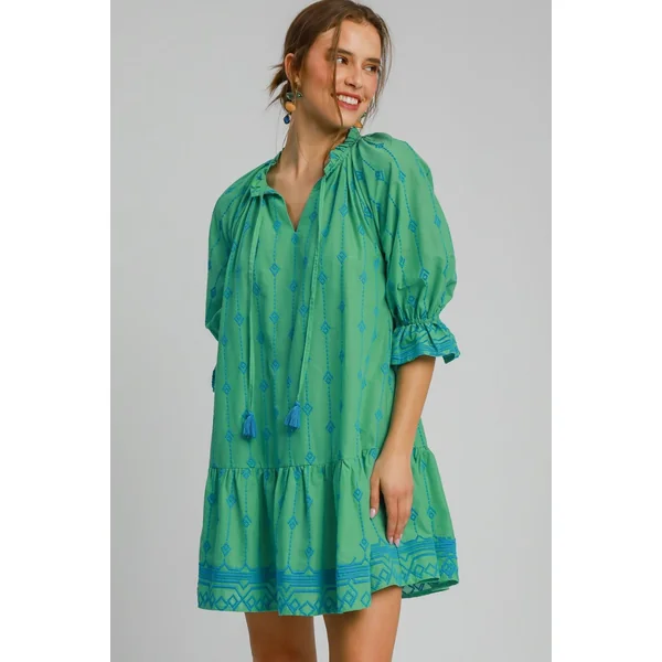 Umgee Full Size Tassel Embroidered Flounce Sleeve Mini Dress Plus Size