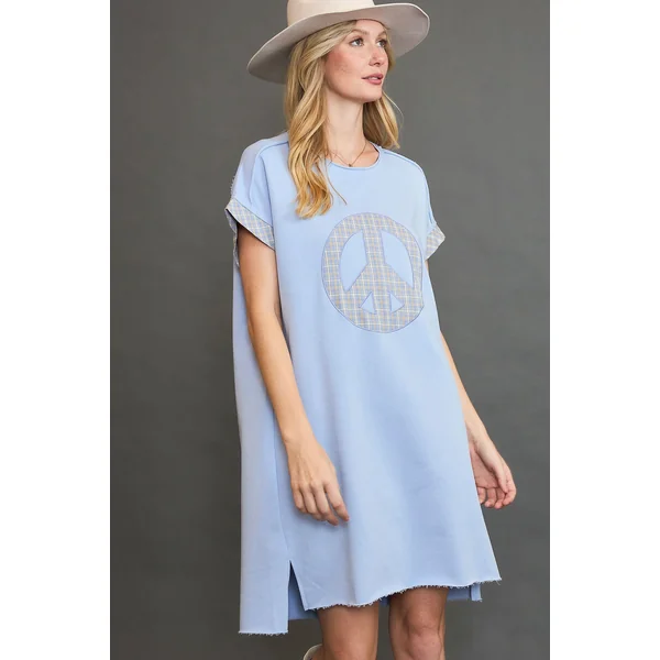 Umgee Peace Plaid Applique Short Sleeve Mini Dress