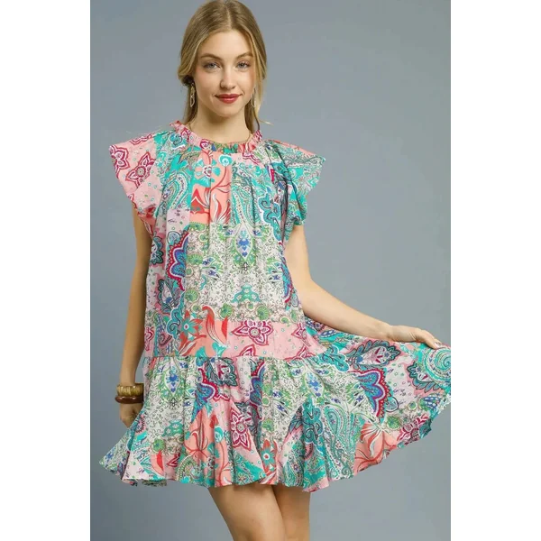 Umgee Printed Ruffle Cap Sleeve Mini Dress