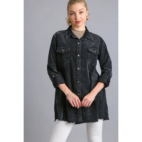 Umgee Raw Hem Button Down Denim Jacket with Chest Pockets