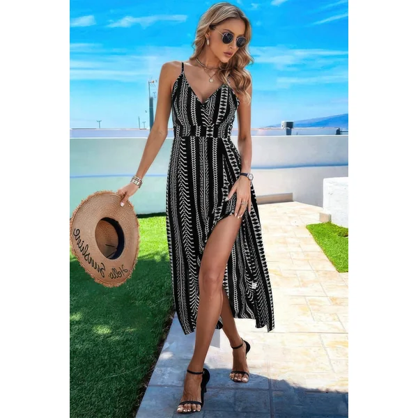 V Neck Geo Print Split Thigh Sleeveless Cami Dress