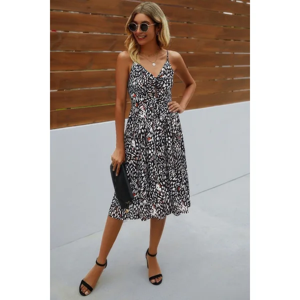 V Neck Spaghetti Strap Leopard Cut Out Midi Dress