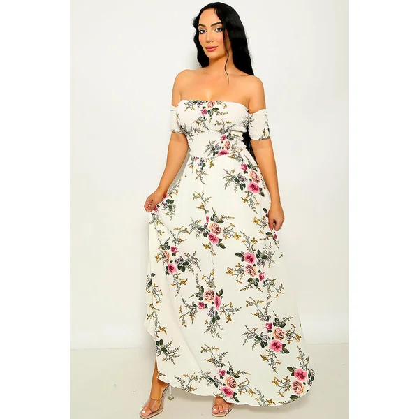 White Floral Shirred Wide Hem Off Shoulder Maxi Dress