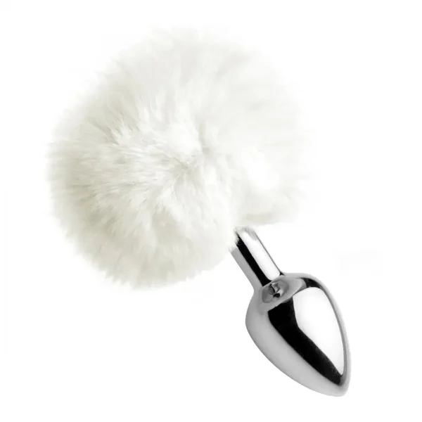 White Fluffy Metal Bunny Tail Anal Plug - Bunny Roleplay
