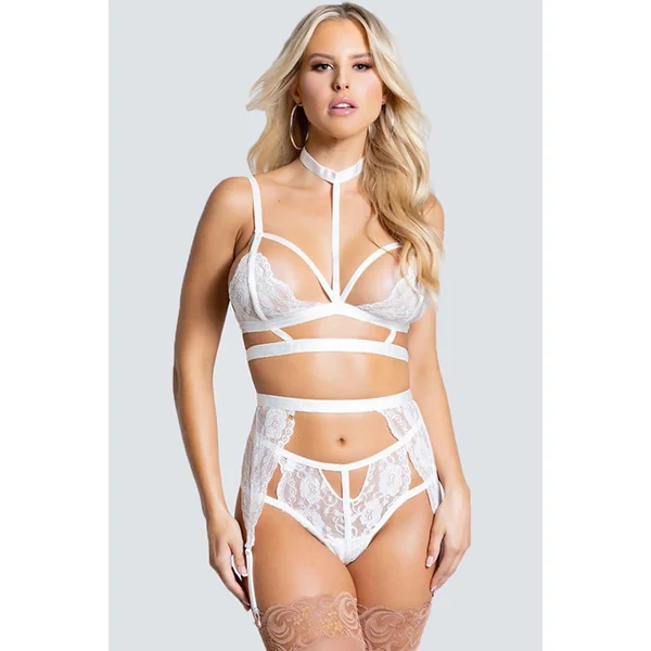 White Lace Bra Garter Pantie Lingerie Set