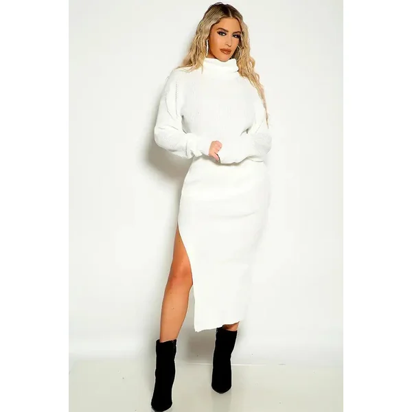 White Long Sleeve Knitted Slit Two Piece Sweater Dress