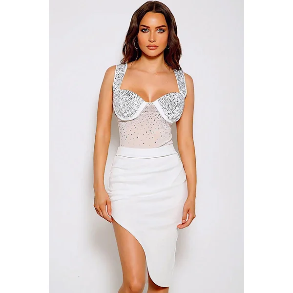 White Silver Rhinestones Sleeveless Two Piece Party Dress