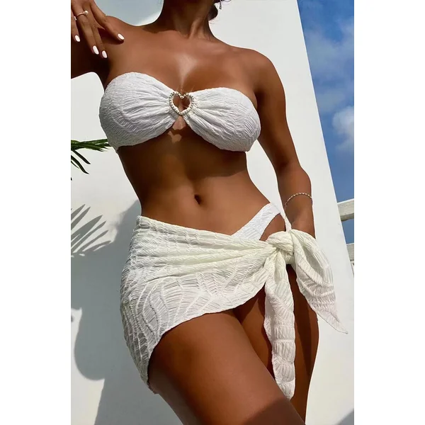 White Textured Fabric Heart Rhinestone Bandeau 3 Pc Cover Up Sexy Swimsuit Set Bikini