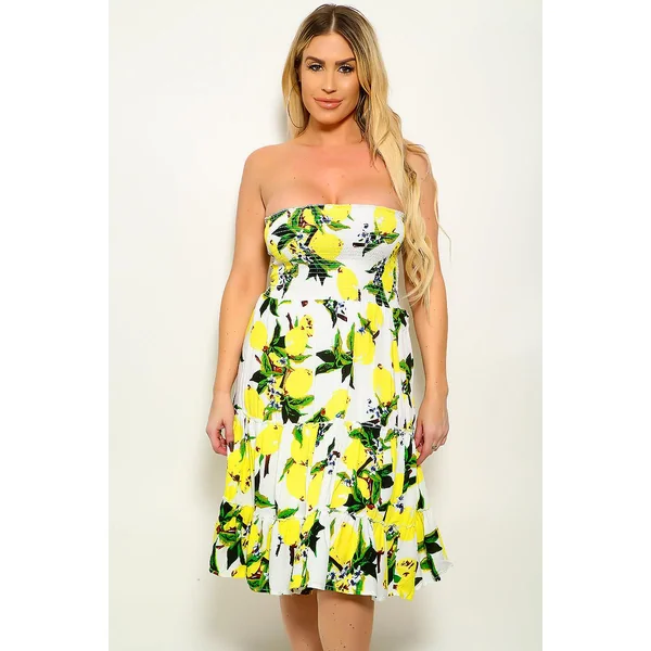 White Yellow Lemon Print Strapless Summer Dress