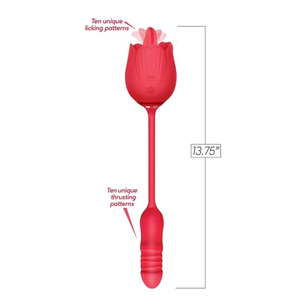 Wild Rose Lick and Thrust Rechargeable Silicone Dual Vibrator with Clitoral Stimulator – Red
