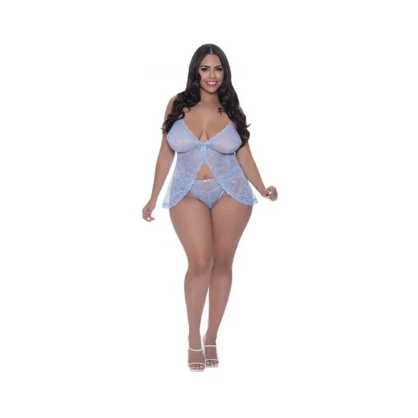 Women’s Lingerie: Magic Silk Ooh La Lace Babydoll & Split Crotch Panty Set Periwinkle Queen Size