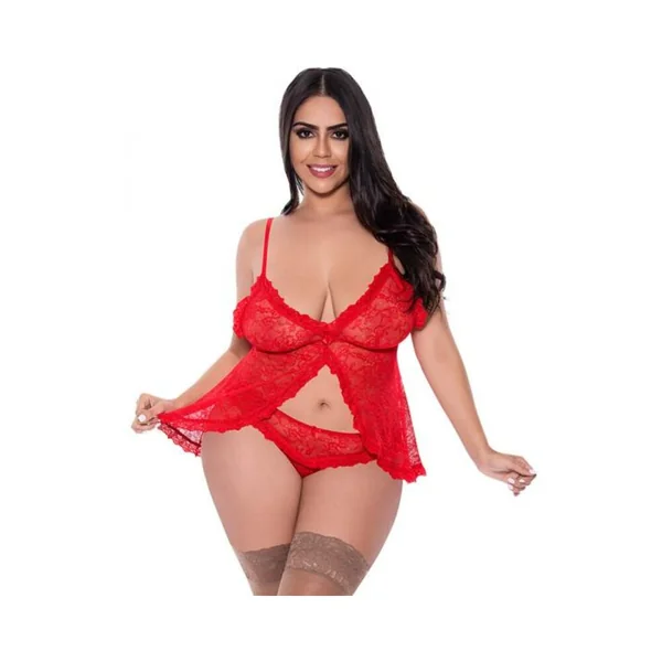 Women’s Lingerie: Magic Silk Ooh La Lace Babydoll & Split Crotch Panty Set Red Queen