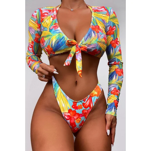 Yellow Red Floral Long Sleeve Three Piece Sexy Swimsuit