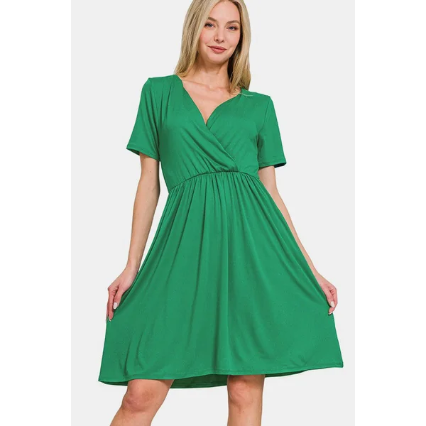 Zenana Surplice Short Sleeve Brushed DTY Dress