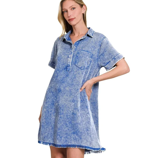 Zenana Tencel Mineral Washed Collared Shirts Dress