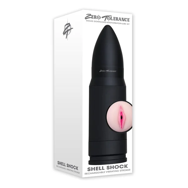 Zero Tolerance Shell Shock Rechargeable Vibrating Pussy Stroker with DVD Download - Black
